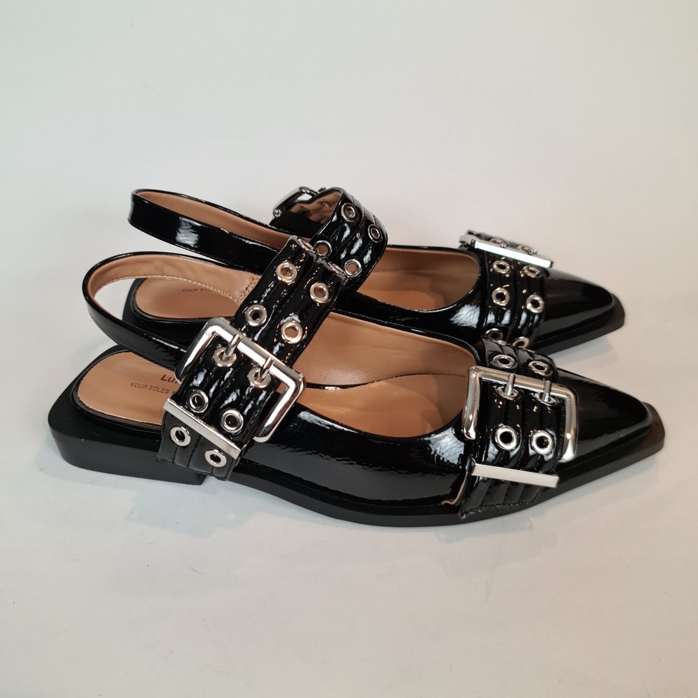 Lunhonk Black Buckle Ballet Slingback Flats 38 US 7/7.5 Punk Chic Grommet Gothic - Picture 4 of 8